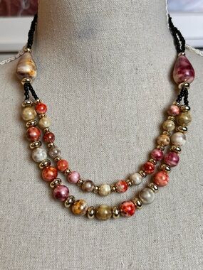 💝2/20$ Vintage double-strand Watercolor Swirl beaded necklace Mid-Century Chic